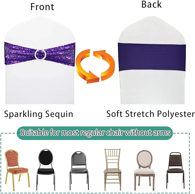 Chair Sashes Sequin Stretch Chair Bands Spandex Polyester Bows for Party Hotel Wedding Banquets Decoration - 6 Pcs Purple