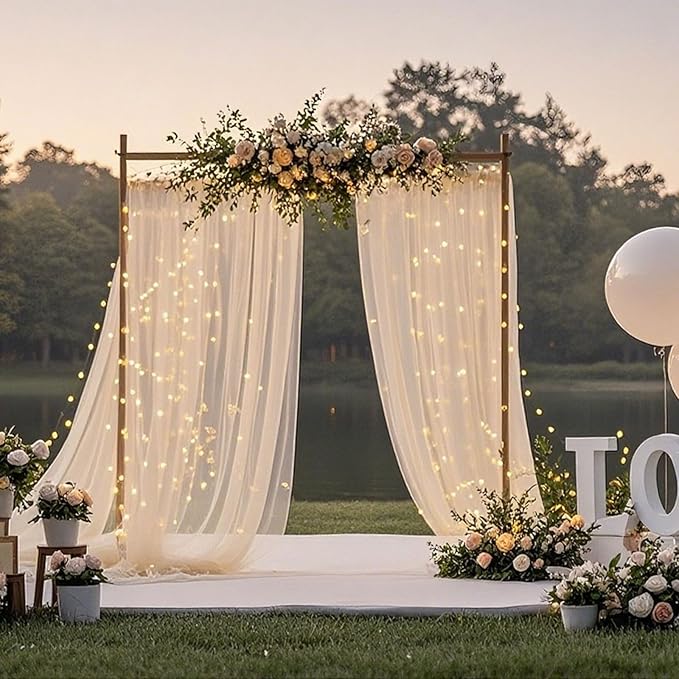 Ledido 10×10ft Tulle Backdrop Curtains with Lights String - 300LED Fairy Lights Sheer Curtain Backdrop for Weddings Baby Shower and Birthday Party Decorations(8 Panels 5×10ft)