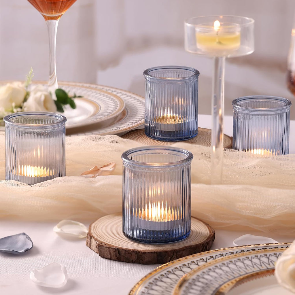 NITIME 32Pcs Ribbed Blue Votive Candle Holders, Tea Light Candle Holders for Table Centerpiece, Blue Candle Holders for Wedding Decor,Home and Holiday Decor