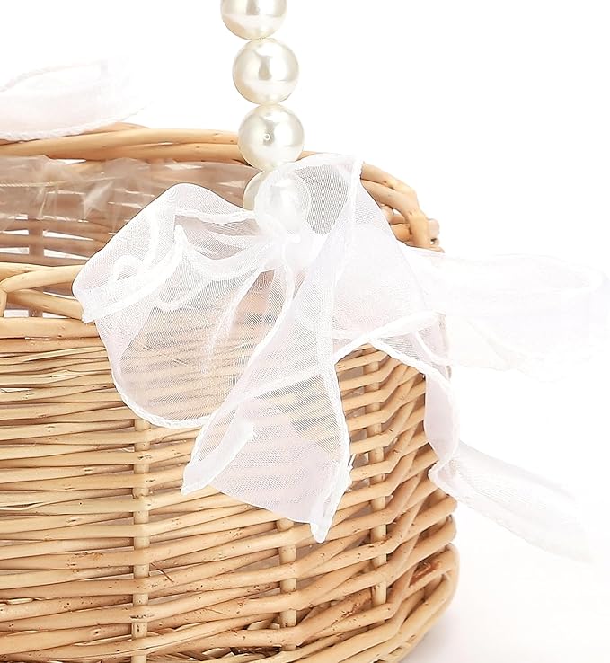 Wicker Rattan Flower Girl Basket Rustic Wedding Flower Girl Basket with Pearl Handle Small Flower Basket for Flower Girl Fairy Wedding Basket Handwoven Easter Baskets for Boys Girls Wedding (1 Pcs)