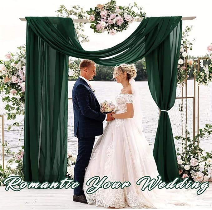 Emerald Green 2 Panels Wedding Arch Draping Fabric 20Ft Length x 28" Width Arch Drapes Chiffon Fabric Sheer Curtains Backdrop for Party Bridal Decorations Wedding Ceremony Stage Reception Decor