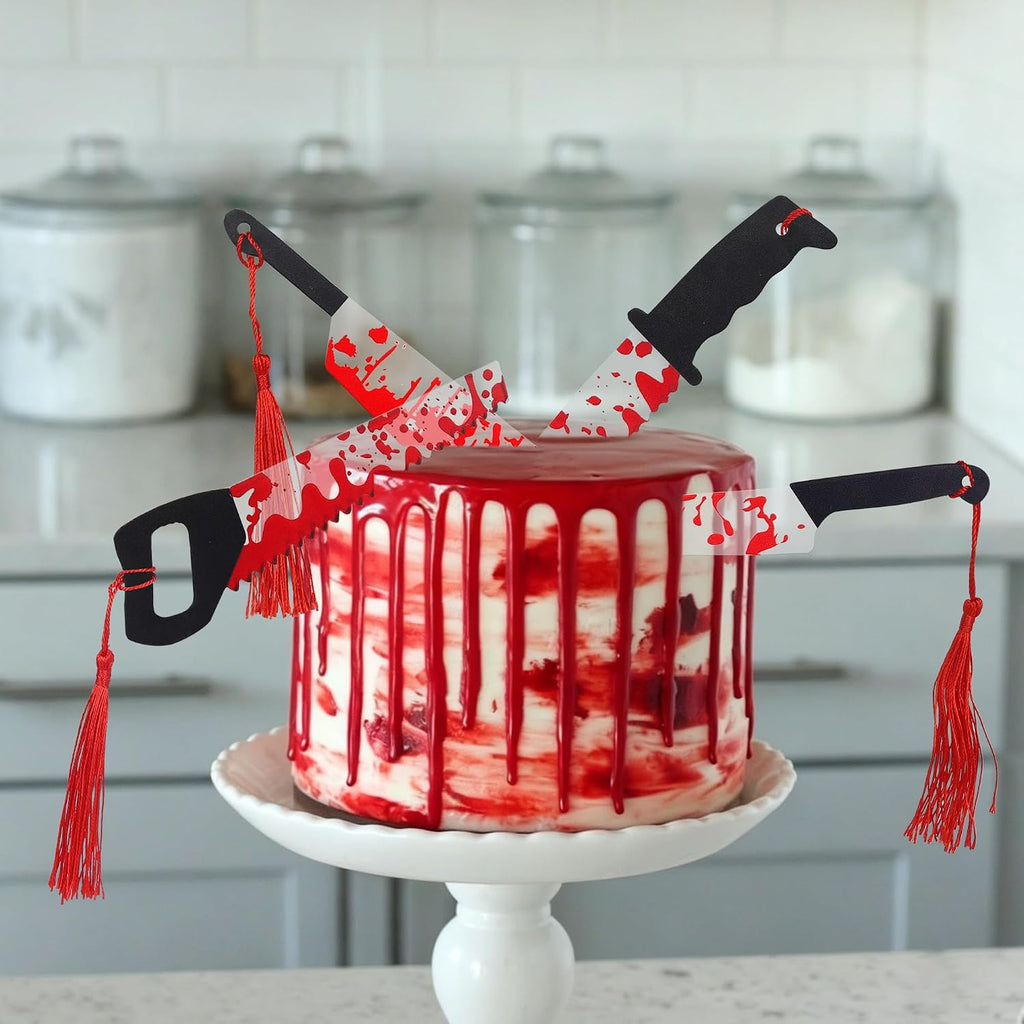 Rsstarxi 4 Pack Halloween Cake Topper Acrylic Blood Knife Cake Topper Have a Killer Horror Birthday Decorations for Halloween Party Decorations Supplies