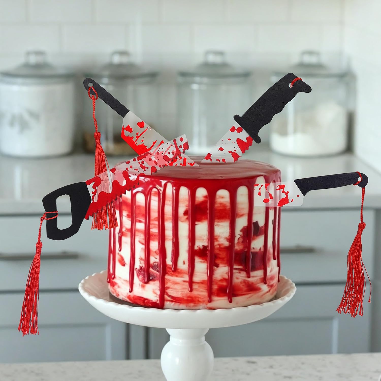 Rsstarxi 4 Pack Halloween Cake Topper Acrylic Blood Knife Cake Topper Have a Killer Horror Birthday Decorations for Halloween Party Decorations Supplies