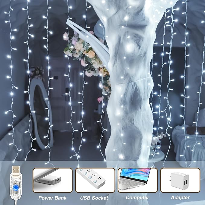 Curtain Light for Bedroom, 200LED 6.6x6.6ft White Window Wall Hanging Fairy Curtain String Light, 8 Modes Remote Fairy String Lights Indoor for Wedding Party Home Garden Decorations