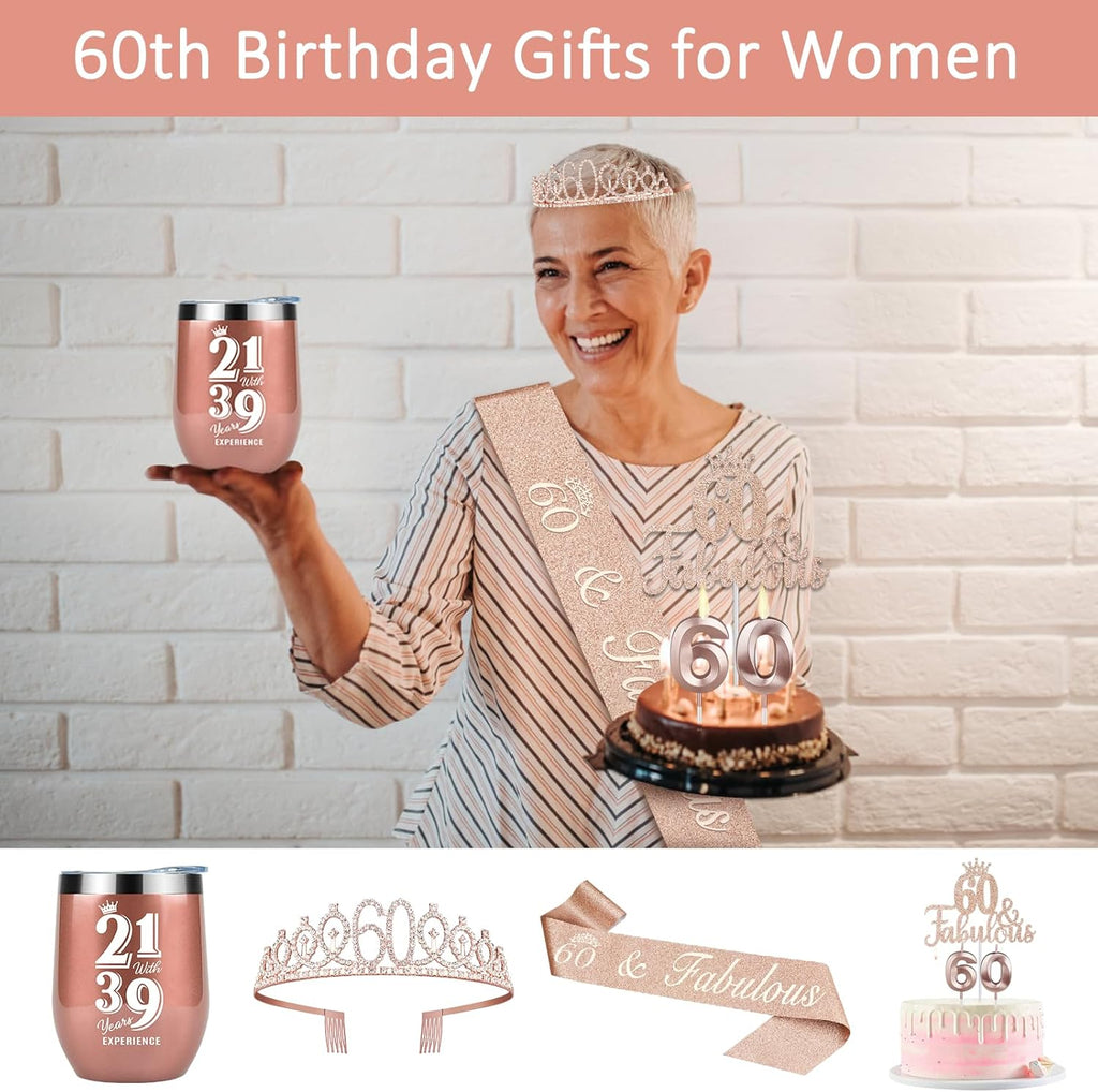 60th Birthday Decorations Gifts for Women Including Crown, Sash, Cake Topper, Candles and 12oz Wine or Coffee Tumbler Mug with Lid, Gifts for 60 Year Old Woman