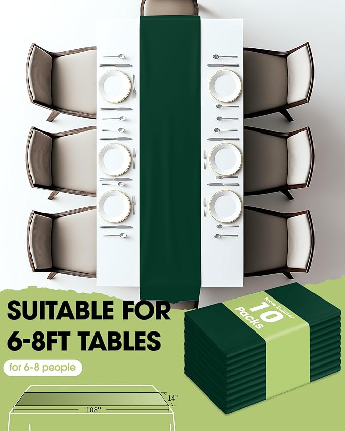 Pureegg Emerald Green Plastic Table Runners - 10 Pack, 14'' x 108'', Water Resistant & Disposable Centerpiece Decorations for Table Cloth, Wedding, Birthday, Holiday, Baby Shower, Party, Home Decor