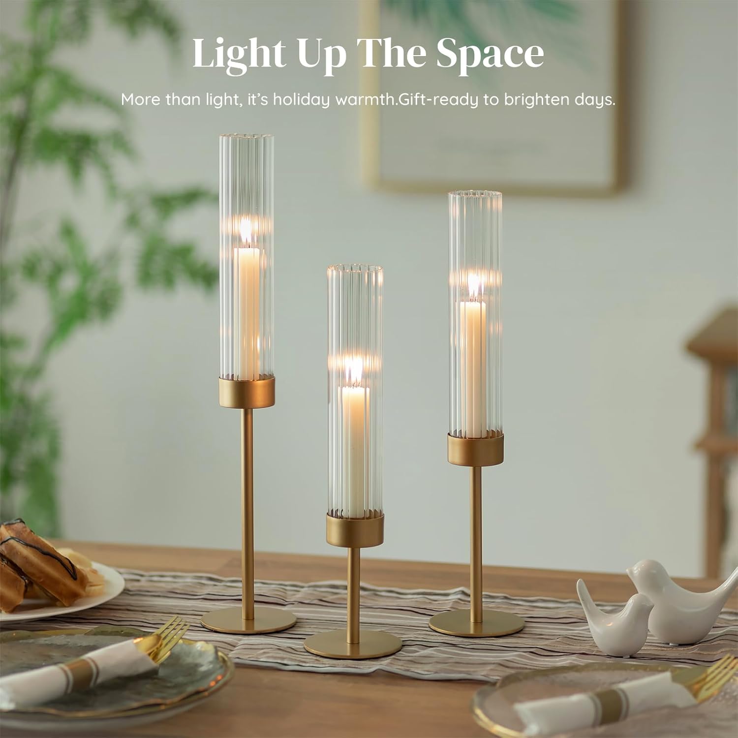 Gold Hurricane Taper Candle Holders: Glasseam 3Pcs Brass Candlestick Holders with Ribbed Glass Cylinder Cover Fluted Tall Candle Sticks Holder Decor for Table Centerpiece Wedding Christmas Decorations