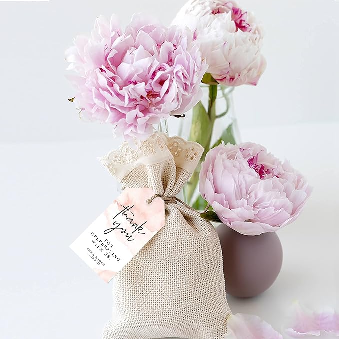 Andaz Press 100-Pack Personalized Thank You for Celebrating with Us Wedding Favor Tags with Bakers Twine Coral Brushed Watercolor Custom Cardstock Wedding Gift Tags for Party Favors 2 x 3.75-Inches