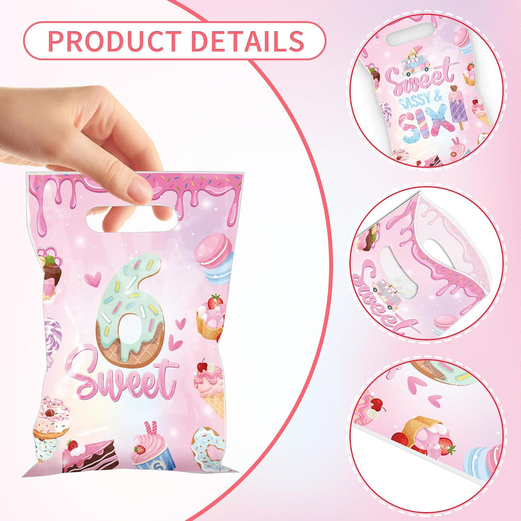 EoBeCy Sweet Sassy and Six Birthday Decorations for Girls, 50 Pcs 6th Birthday Plastic Treat Candy Goodie Treat Gift Bags with Handles, Pink Donut Ice Cream Themed 6 Year Old Party Favor Bags