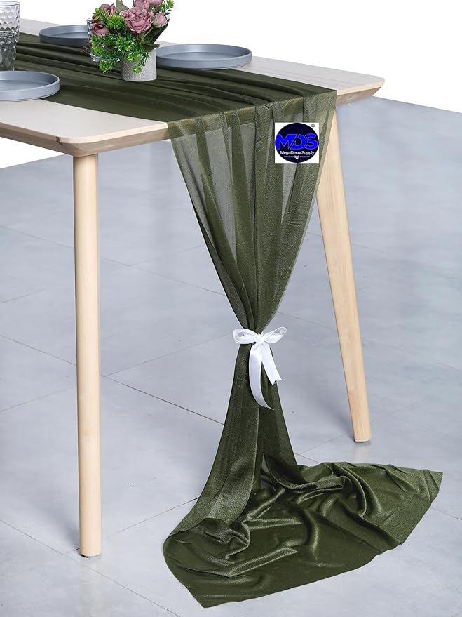 MDS 15 Pack 10ft Chiffon Table Runner 29 x 120 Inches Sheer Wedding Runner Romantic Rustic Table Runner for Wedding Decorations, Birthday Parties, Bridal Shower Party Arch Decor - Olive Green