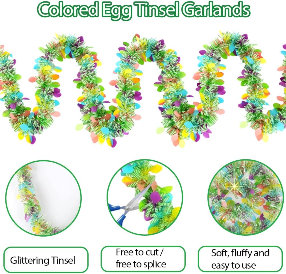 33 Feet Easter Tinsel Garland, Colorful Egg Tinsel Garland Shiny Hanging Metallic Glitter Spring Garland for Easter Party Door Tree Garlands Decorations(1Pcs)