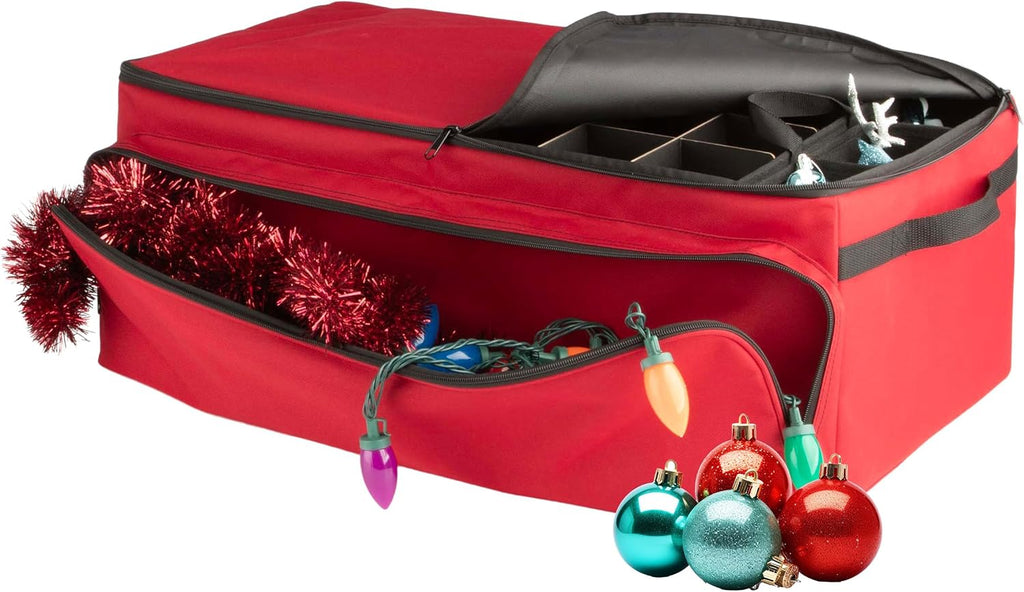 Christmas Ornament Storage Box - Christmas Ornament Organizer Storage Box with 3 Trays, Adjustable Grids, and Large Front Zipper Pocket - Fits up to 72 Bulbs and Decorations by Elf Stor (Red)