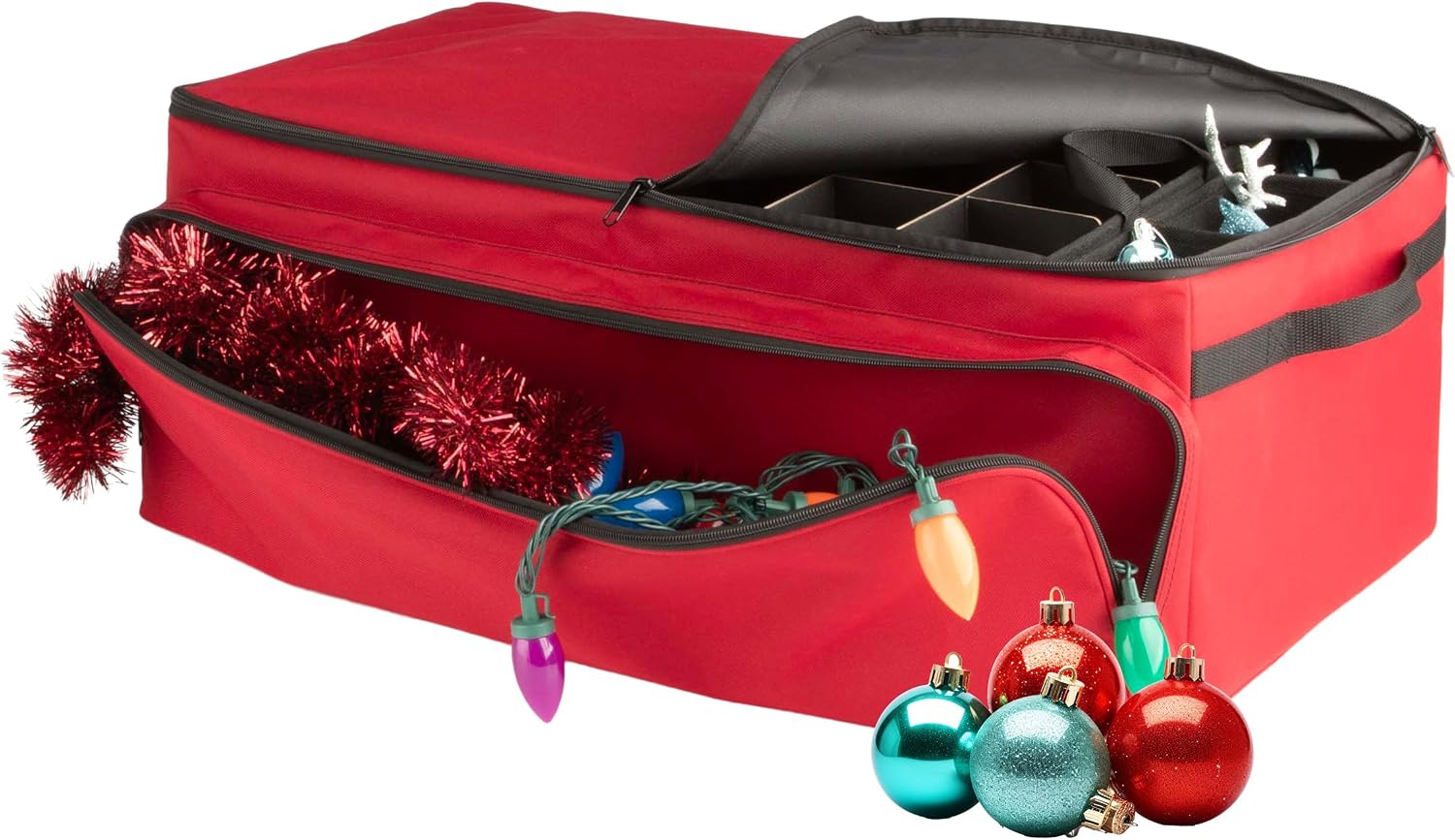Christmas Ornament Storage Box - Christmas Ornament Organizer Storage Box with 3 Trays, Adjustable Grids, and Large Front Zipper Pocket - Fits up to 72 Bulbs and Decorations by Elf Stor (Red)