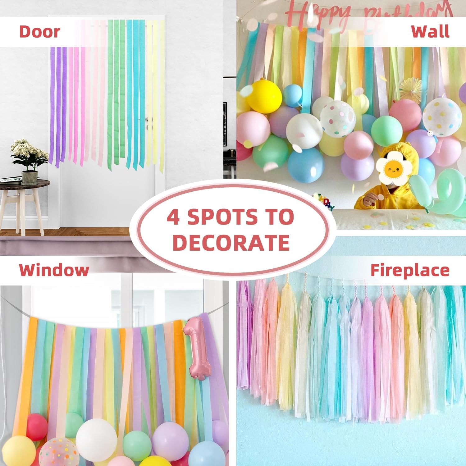 PIGETALE Crepe Paper Streamers, 8 Rolls 656ft Party Streamers, Pack of 8 Pastel Colors Crepe Paper for Kids Girls Birthday Party Supplies Wedding Bridal Baby Shower Decorations (1.8Inch x 82Ft/Roll)