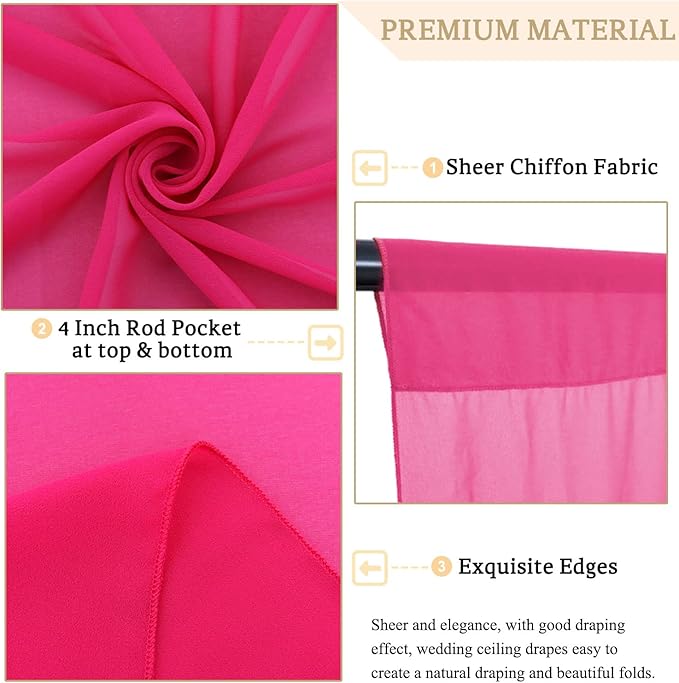 MODFUNS Hot Pink Ceiling Drapes for Weddings 5x30ft 2 Panels Sheer Chiffon Ceiling Draping Fabric Fuchsia Sheer Draping Tulle Swag Curtain for Wedding Party Stage Prom Banquet Decoration