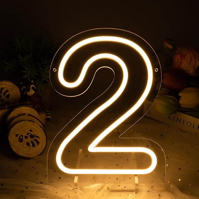 Number 2 LED Neon Sign Backdrop Birthday Party Decoration, 11.3" Height Warm White Marquee Number Two Light Up Sign for Wedding Anniversary Window Wall Table, Indoor Battery Operated or USB