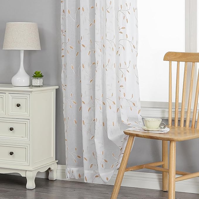 VISIONTEX White Sheer Voile Curtains, Decorative Orange Leaves Embroidery Faux Linen Rod Pocket Window Drapes for Home Kitchen, Living Room and Bedroom 54 x 72 Inch, Set of 2 Curtain Panels