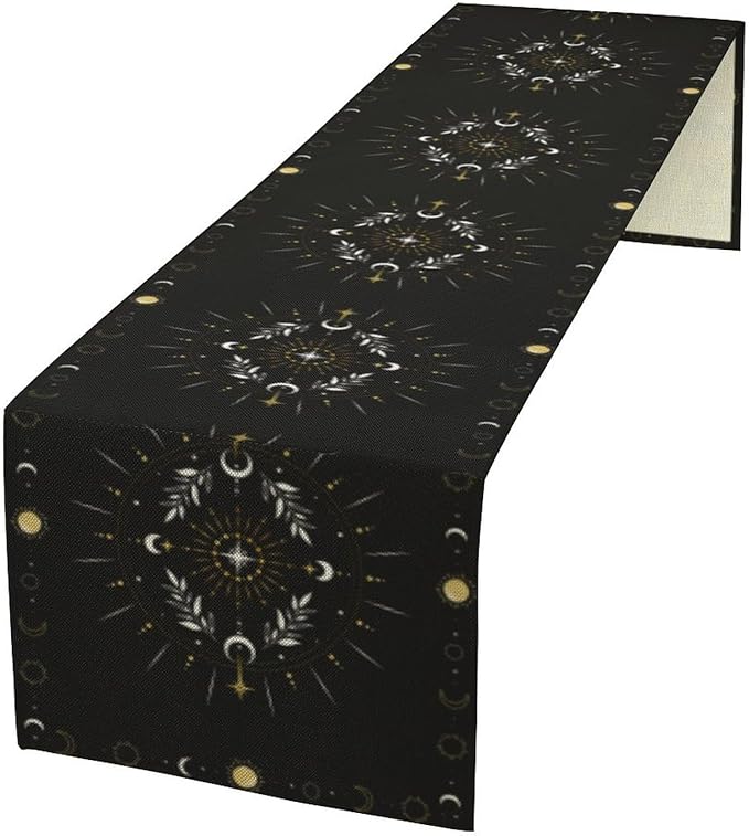 Sun Moon Table Runner - Magical Leaves Mysterious Western Traditional Elements Black White Table Runner for Party Living Room Home Kitchen Dinner - 13x108 Inch