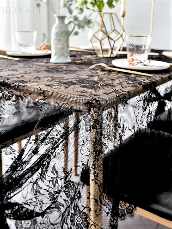 BOXAN Black Lace Tablecloth Overlay Rose Vintage Embroidered, Romantic Boho Wedding Reception Table Decor, Baby & Bridal Shower Décor, Elegant Chic Outdoor Tea Party Tablecover -120" x 60" Rectangular