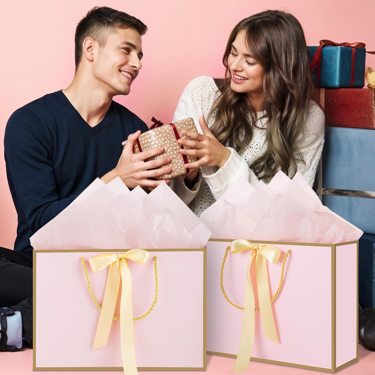 woric Pink Gift Bags with Handles, 14" Medium Gift Bags with Tissue Paper, 2 Pcs Pink Bags with 4 Tissue Paper and 2 Cards for Baby Shower Wedding Bridal Shower Birthday Party