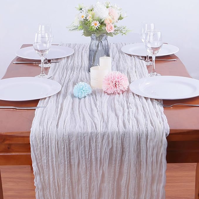 16PCS White Cheesecloth Table Runner 10FT 35x120Inch Boho Gauze Cloth Long Rustic Sheer for Wedding Party Baby Bridal Shower Decor