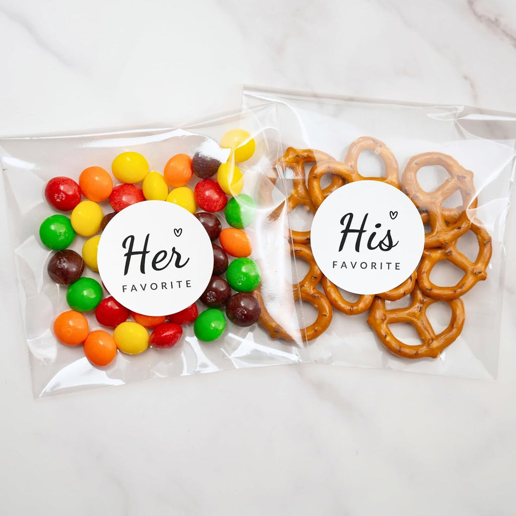 His Favorite Her Favorite Stickers (50 + 50) with 100 Clear Gift Bags – Perfect Wedding Party Favors, Guest Welcome Bag Stuffers, Bridal Showers & Engagements