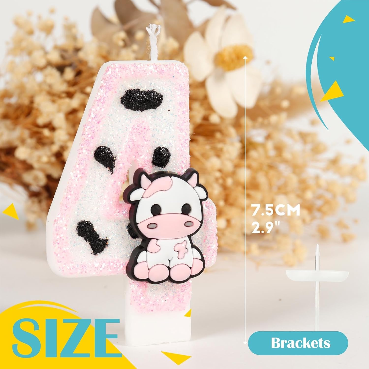 Pink Cow Glitter Birthday Candles Number 2 Birthday Decorations, 2 Year Old Birthday Decorations, Number 2 Candle for Cake, Cowgirl Theme Number Candle for Girls 2nd Birthday Party Décor