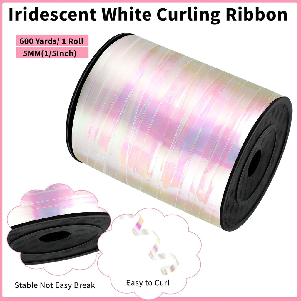 woric 600 Yards Iridescent White Curling Ribbon 1/5 Inch Balloon String Ribbon Thin Crafts Ribbons for Crafts Project Gift Wrapping Wedding Decor Bridal Baby Shower Birthday Party