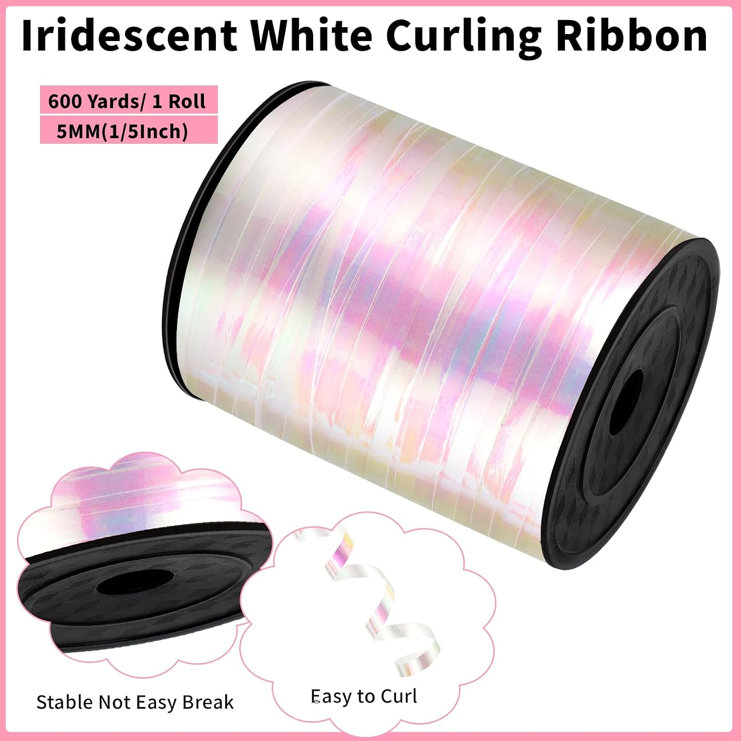 woric 600 Yards Iridescent White Curling Ribbon 1/5 Inch Balloon String Ribbon Thin Crafts Ribbons for Crafts Project Gift Wrapping Wedding Decor Bridal Baby Shower Birthday Party