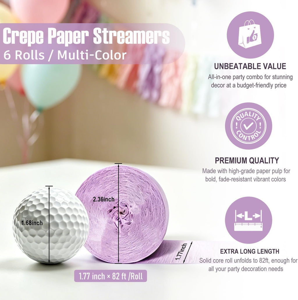 Pastel Streamers, 6 Rolls 492 Ft with Balloons, Pastel Crepe Paper Streamers for Birthday Decorations, Party Decorations, Holiday and Anniversary Decorations DIY (1.77 Inch X 82 Ft/Roll)