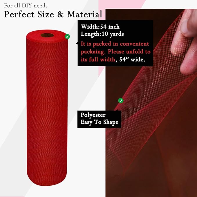 Red Tulle Fabric Rolls 54 Inch by 10 Yards Fabric Tulle Bolt for Wedding Christmas Decorations Gift Wrapping DIY Tutu Baby Shower Table Skirt Birthday Party Craft Supplies