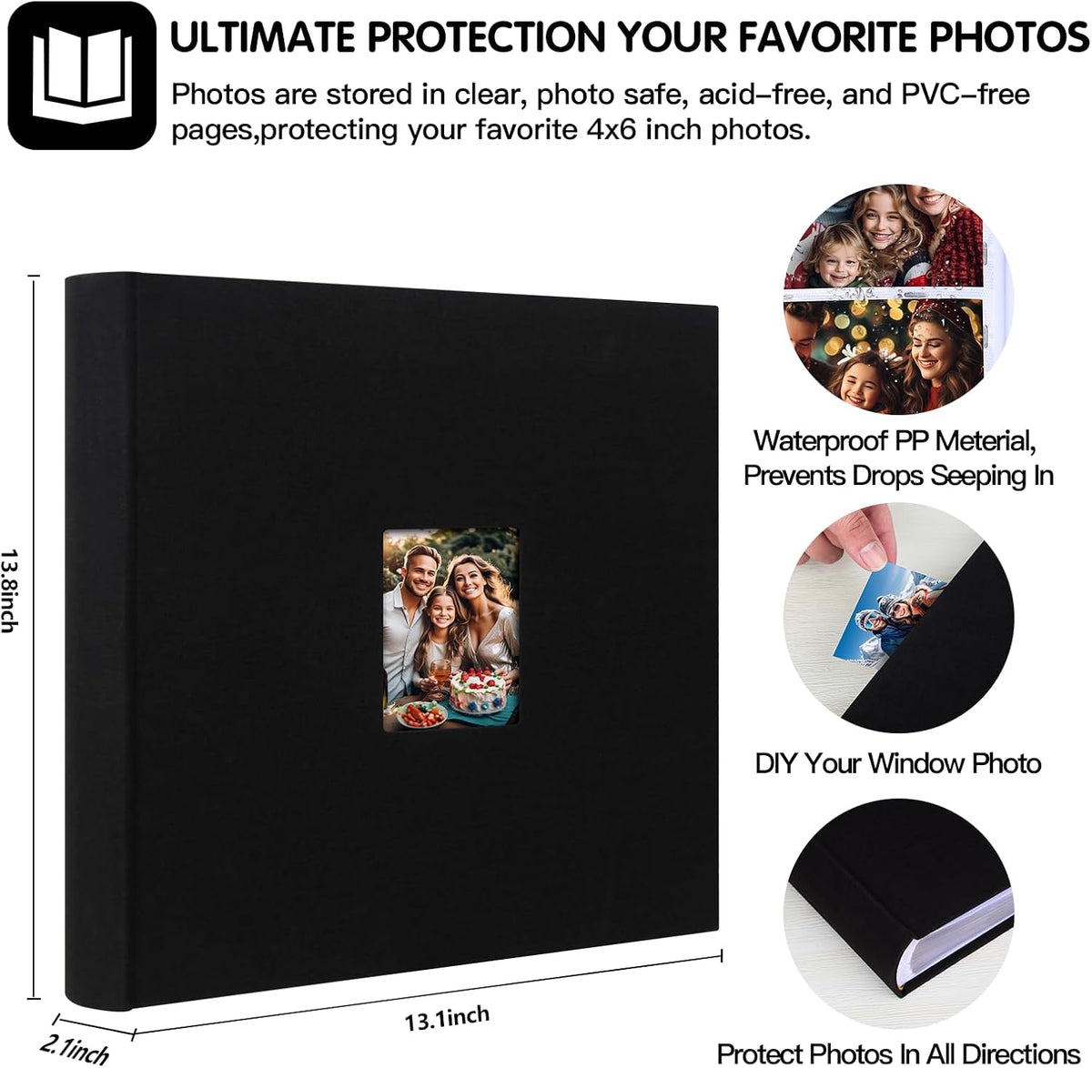 600 Pocket 4x6 Photo Album with Writing Space, Linen Cover, Black