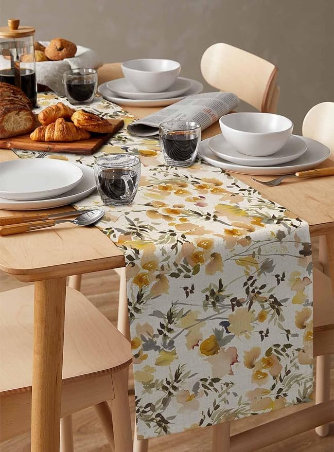 Vintage Orange Flower Cotton Linen Table Runner for Dining Kitchen, Wedding Outdoor Party Tablerunners Decoration, Farmhouse Botanical Floral Retro Dresser Scarf Coffee Tablecloth Runners 13x72 Inches