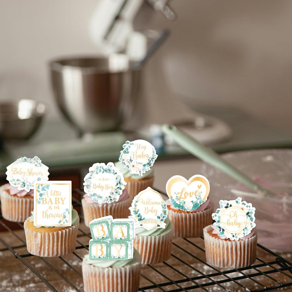 60 Pack Edible Welcome Boy Cupcake Toppers A Little Baby is on the Way Cake Toppers Rice Paper Wafer Paper Cupcake Picks for Kids Birthday Cake Decorations Green