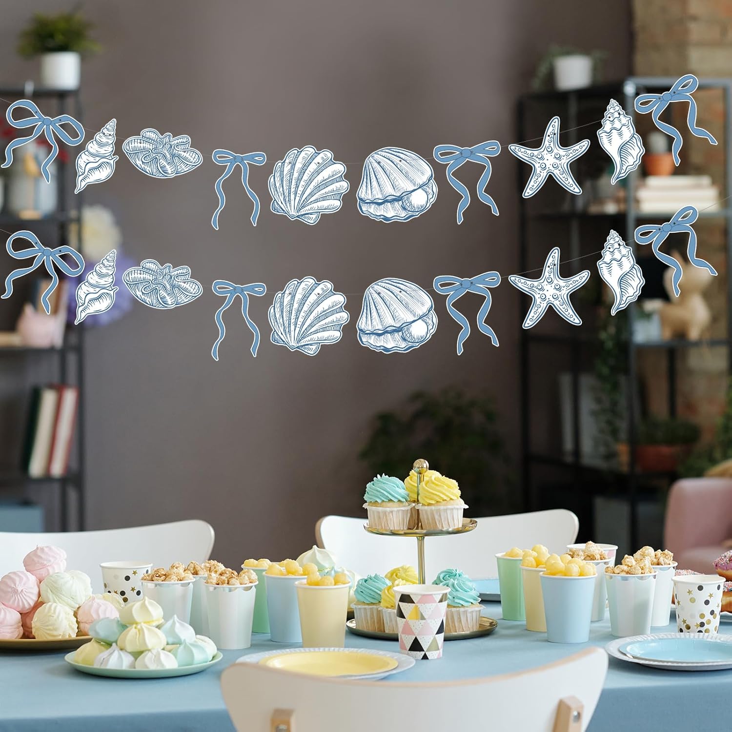 Oudain 2 Pack Blue Bow Starfish and Seashell Garland 6.56 ft Ocean Coastal Nautical Beach Party Paper Bow Hanging Banner for Under the Sea Summer Birthday Wedding Bachelorette Mermaid Baby Shower
