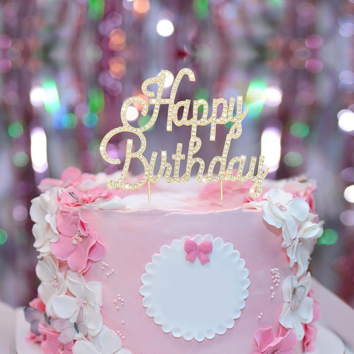 Jaciya Gold Happy Birthday Cake Topper Metal Rhinestones Birthday Cake Decorations for Women