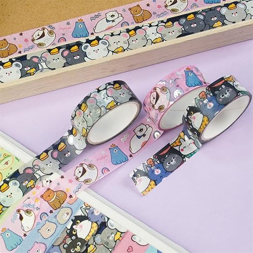 20 Rolls Cute Animals Washi Tape Set, Gold Silver Foil Cartoon Pets Decorative Tape for Bullet Journal, Planner, DIY Arts Crafts, Scrapbooking, Holiday Decoration