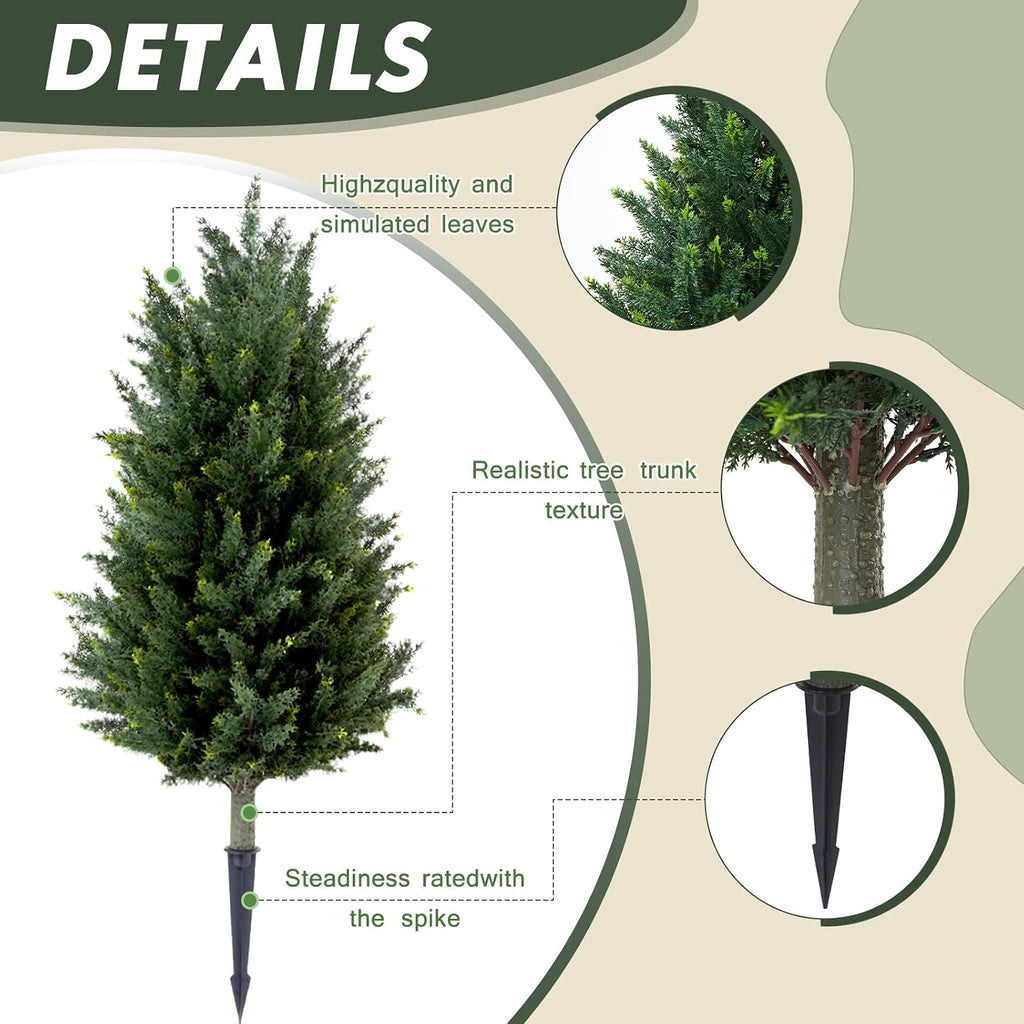 set of 2 artificial cedar topiary christmas trees, front angle view