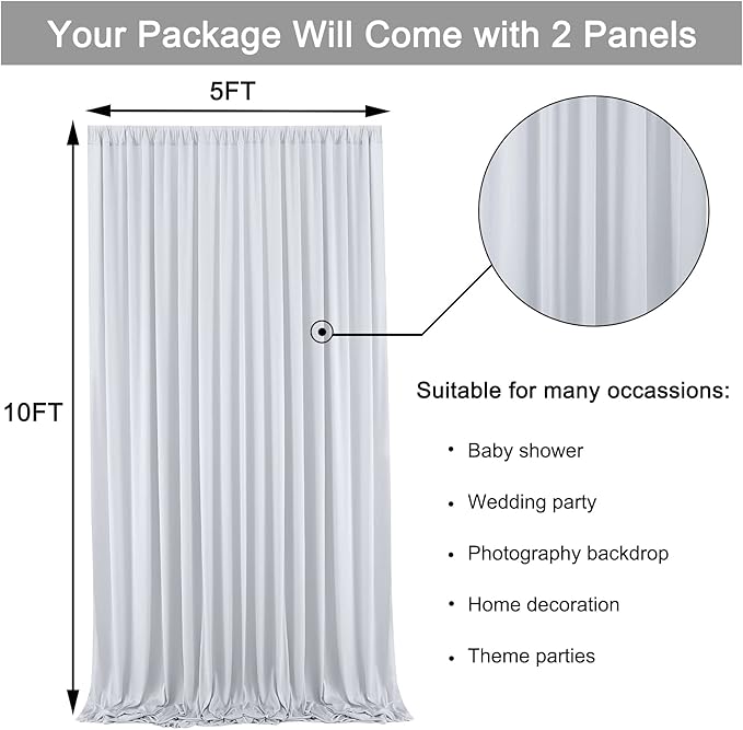 10 ft x 10 ft Wrinkle Free Silver Backdrop Curtain for Parties, Polyester Silver Grey Backdrop Drapes 2 Panels 5x10ft for Baby Shower Photoshoot Engagement Wedding Birthday Photography Background