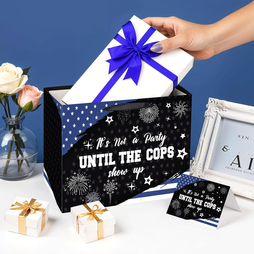LUUFILx Police Gift Bag for Men Women It's Not a Party Until The Cops Show Up with Wrapping Paper Card Black White and Blue American Flag Police Theme Decor for Birthday Grad Retirement Party(Blue)