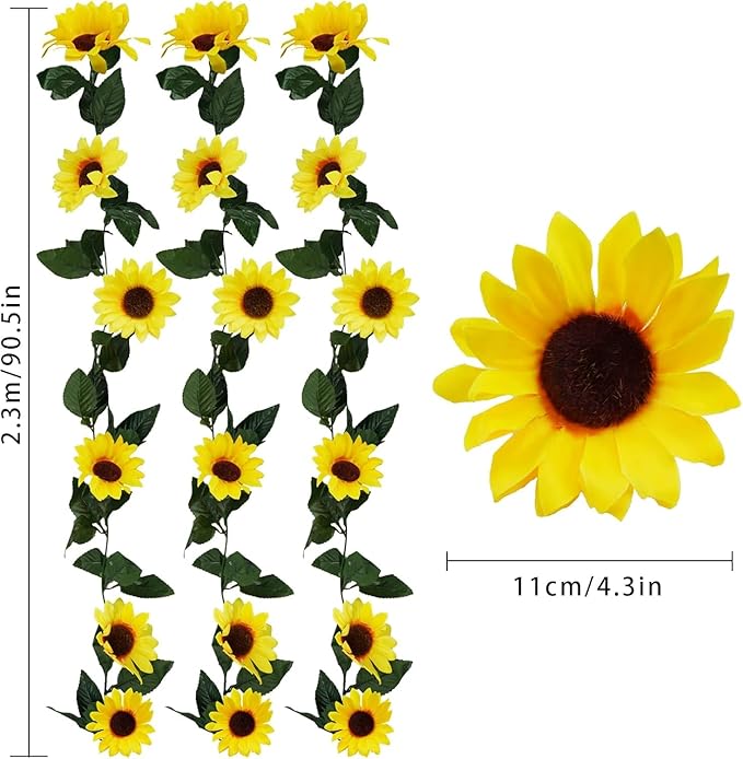Uieke 12PCS Artificial Sunflower Garland, 7.5ft/Strand Silk Sunflowers Hanging Vines Flowers with Green Leaves for Room Kitchen Garden Birthday Wedding Baby Shower Party Table Decor Large