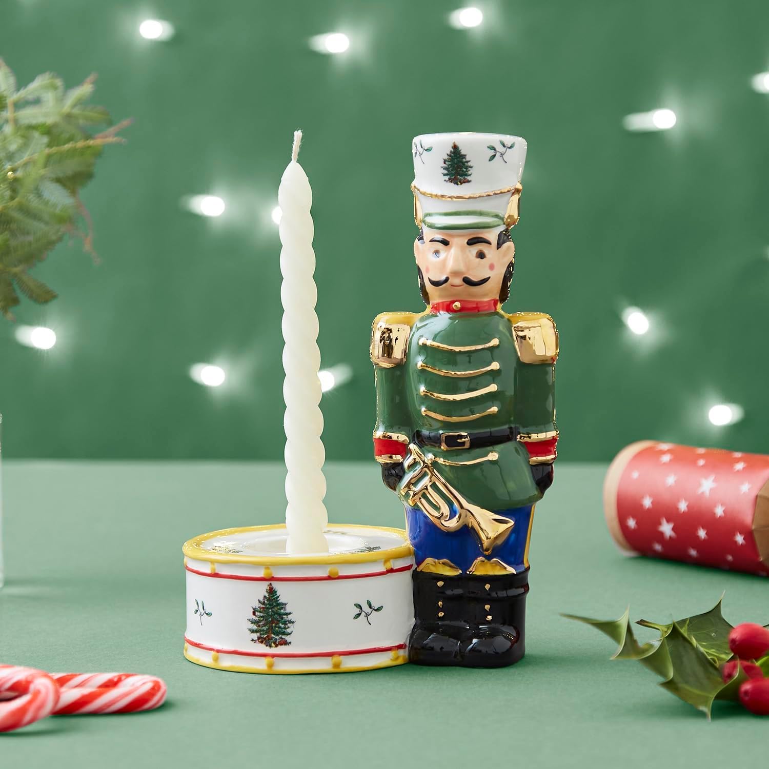 Spode Christmas Tree Nutcracker Candle Holder, 7" Festive Holiday Decoration - Christmas Traditions Home Decor, Earthenware Candle Holder for Tealight Candles - Unique Christmas Centerpiece (Green)