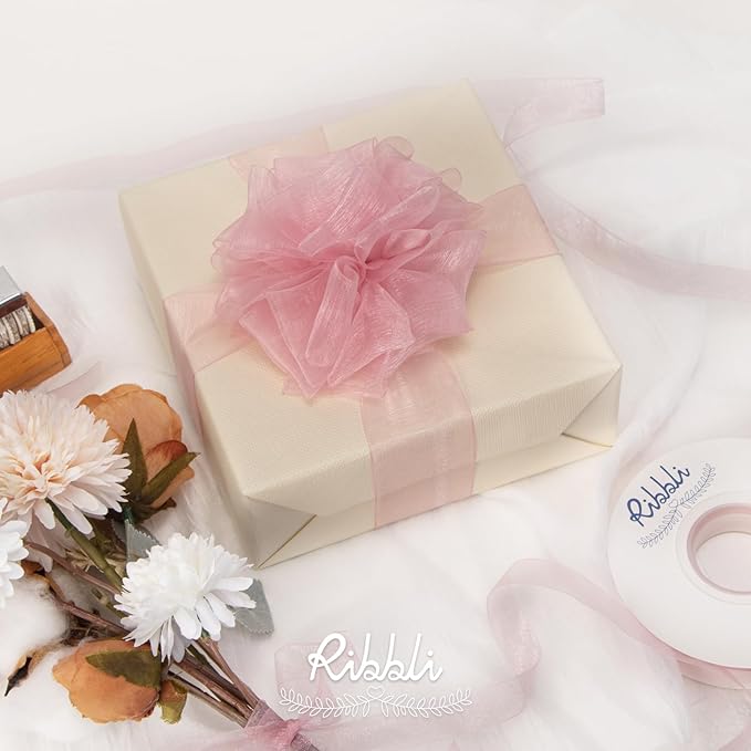 Ribbli Rose Pink Sheer Organza Ribbon,1-1/2 Inches x Continuous 50 Yard Use for Gift Wrapping,Bouquet Wrapping,Wedding Decoration,All Crafting and Sewing