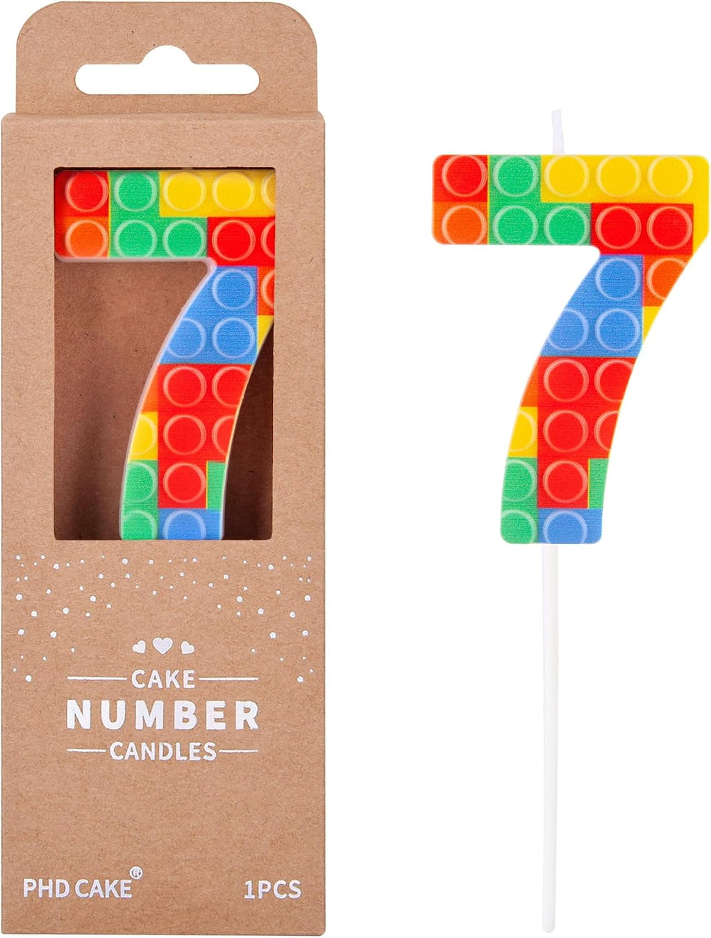 PHD CAKE Number 7 Building Block Birthday Cake Candle, Numeral Birthday Candles