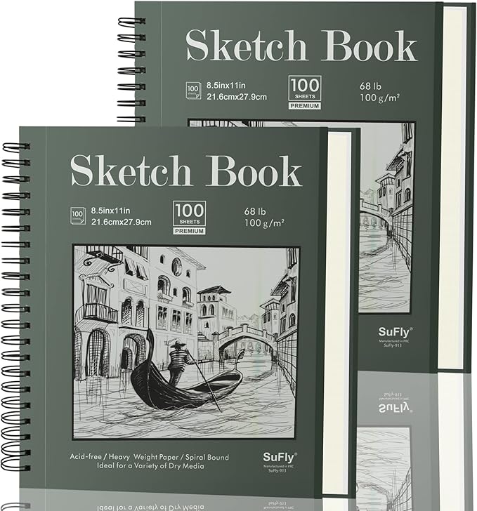 Sketch Book 8.5"x11", Spiral Sketchbook Pack of 2, SuFly 200 Sheets (68 lb/100gsm) Acid Free Sketch Pads for Drawing for Adults Spiral Bound with Hard Cover for Kids & Adults, 100 Sheets Each