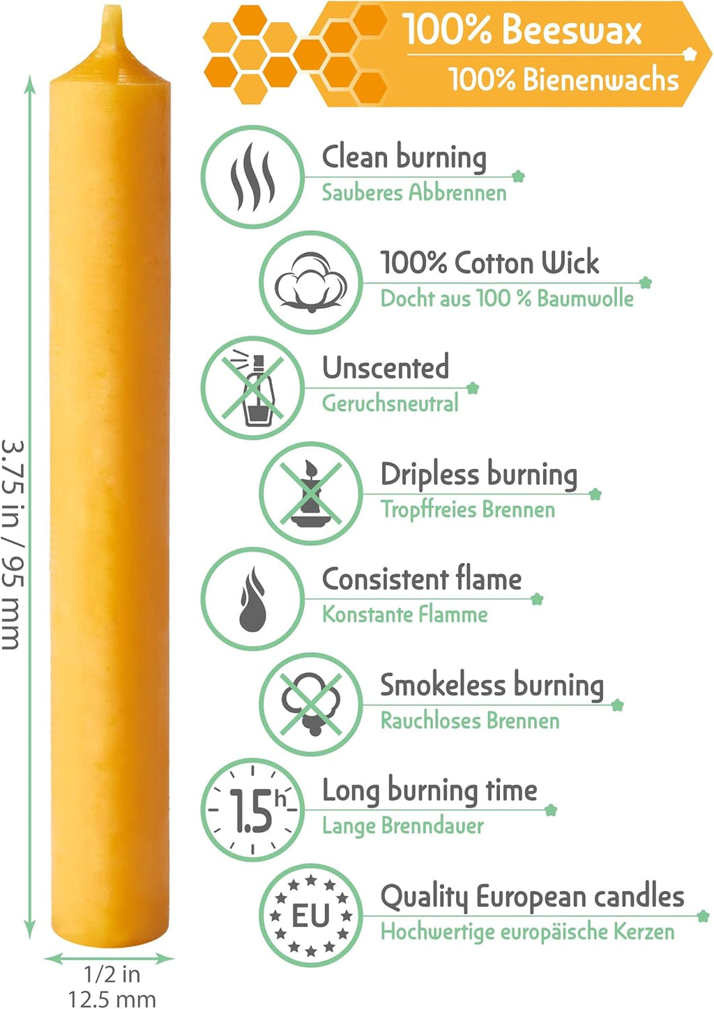 Eika Premium 100% Beeswax Tree Candles - Pack of 40 Honey Colored Natural Christmas Wax Candles for Pyramids, Carousels & Chimes - Made in Europe