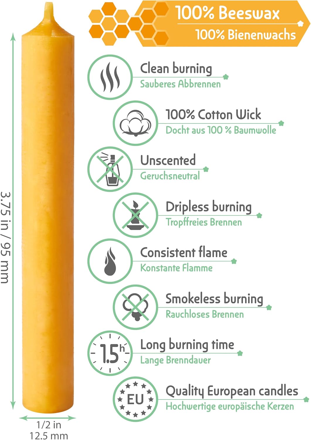 Eika Premium 100% Beeswax Tree Candles - Pack of 40 Honey Colored Natural Christmas Wax Candles for Pyramids, Carousels & Chimes - Made in Europe