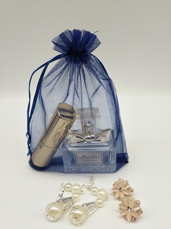 Wudygirl 100PCS Organza Bags 5X7 inch Navy Blue with Drawstring Jewelry Pouch Favor Wedding Favor Bags(Navy Blue 5x7'')
