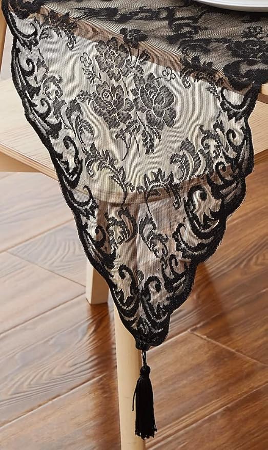 LinenZone Black Table Runner with 2 Tassels for Rustic Vintage Decor. Lace Table Runner Works Great As Wedding, Thanksgiving Or Christmas Decor. (Mia 14 x 96, Black)