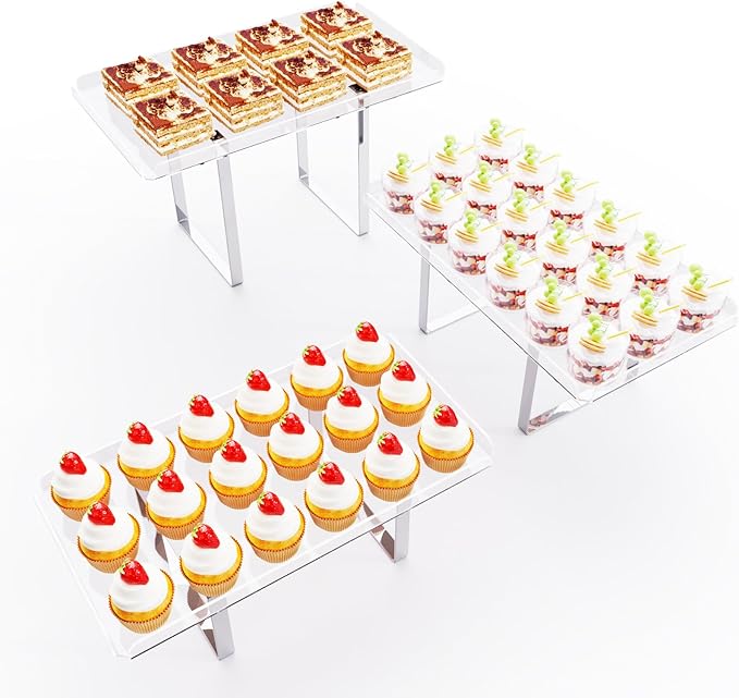 3 Pieces Cupcake Stand Holder, Clear Acrylic Dessert Table Display Set with Iron Support Legs for Birthday Candy Bar Décor Weddings, Parties Events